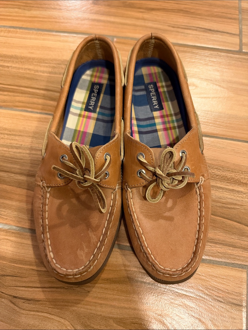 Sperry Men's Leather Boat Shoes in Tan with Plaid Liner